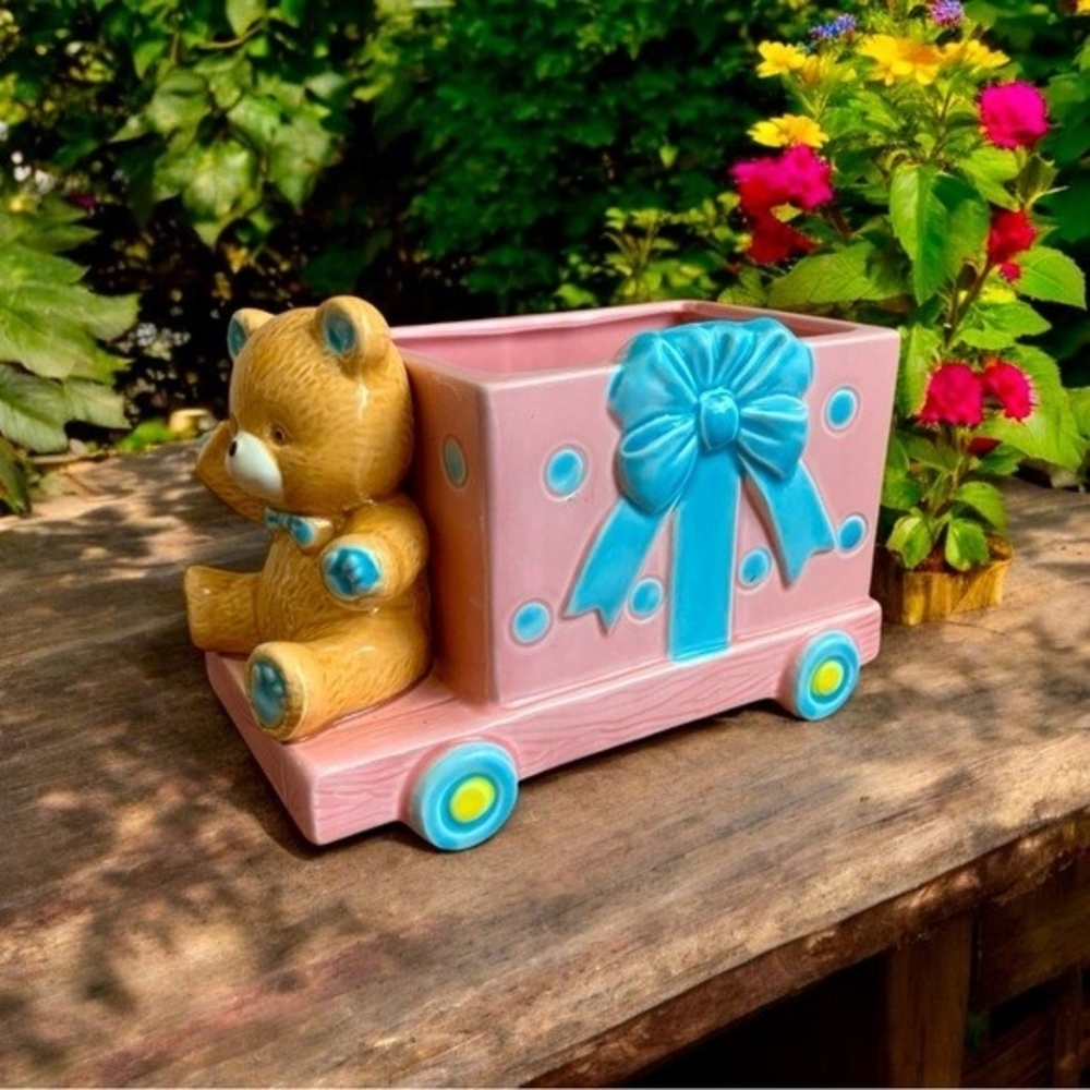 Vintage Teddy Bear Nursery Planter 9x4x6" Pink Blue Japan Porcelain Flower Pot